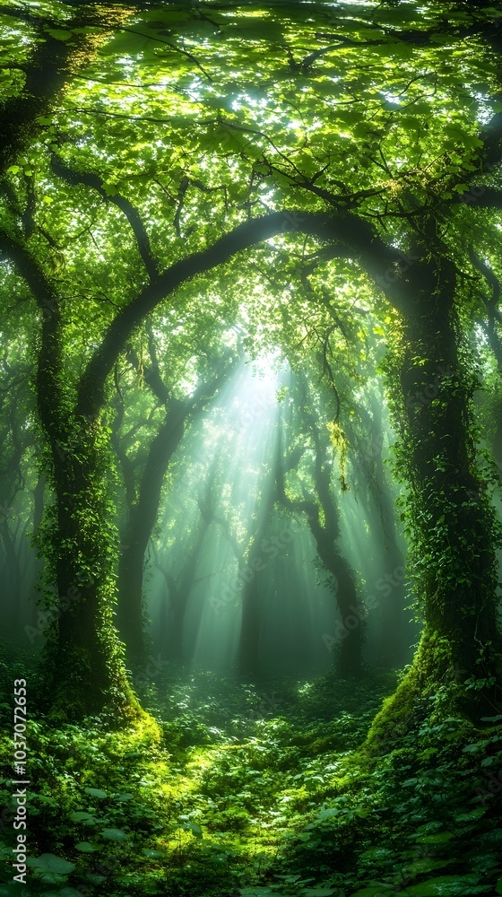 Obraz premium A serene forest scene with lush green foliage and sunlight streaming through the trees, creating a tranquil and magical atmosphere.