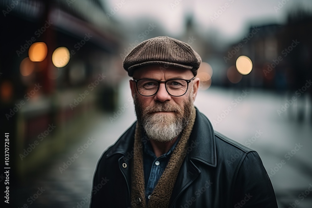 Portrait of a senior man with gray beard wearing a hat and glasses in the city. Portrait of a senior man with gray beard wearing a hat and glasses in the city.