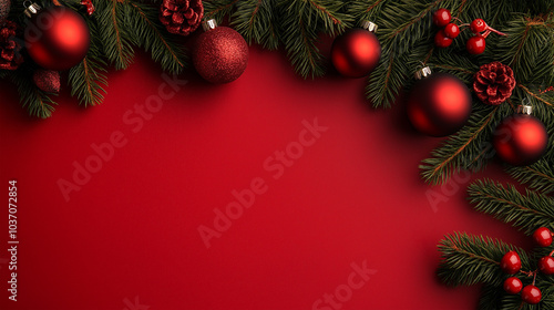 red christmas background with branches and decorations