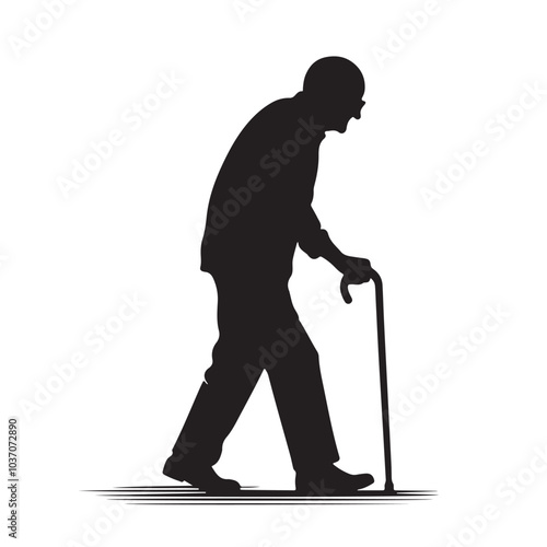 Silhouette of Elderly Man Walking with Cane