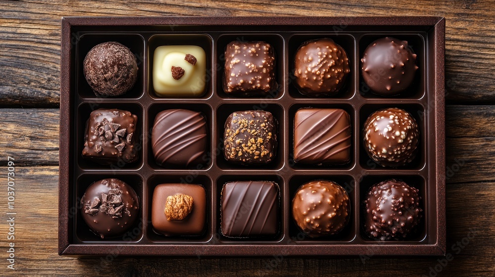 An assortment of chocolates in a box, arranged in rows. An assortment of chocolates in a box, arranged in rows.