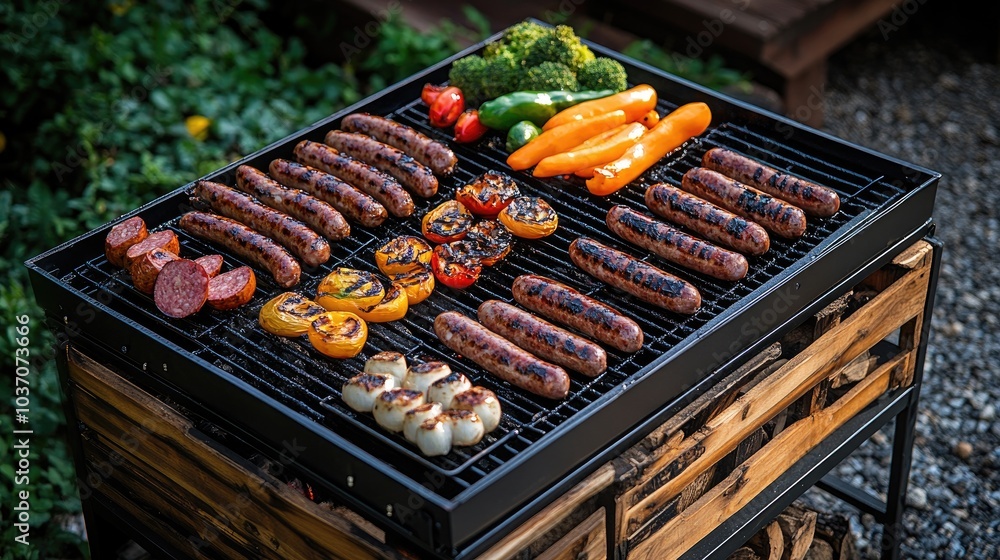 Vibrant Grill with Sausages and Colorful Vegetables Vibrant Grill with Sausages and Colorful Vegetables