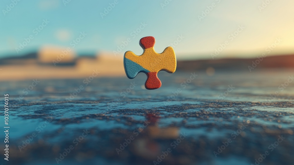 Fototapeta premium Colorful Puzzle Piece Floating Above Ground