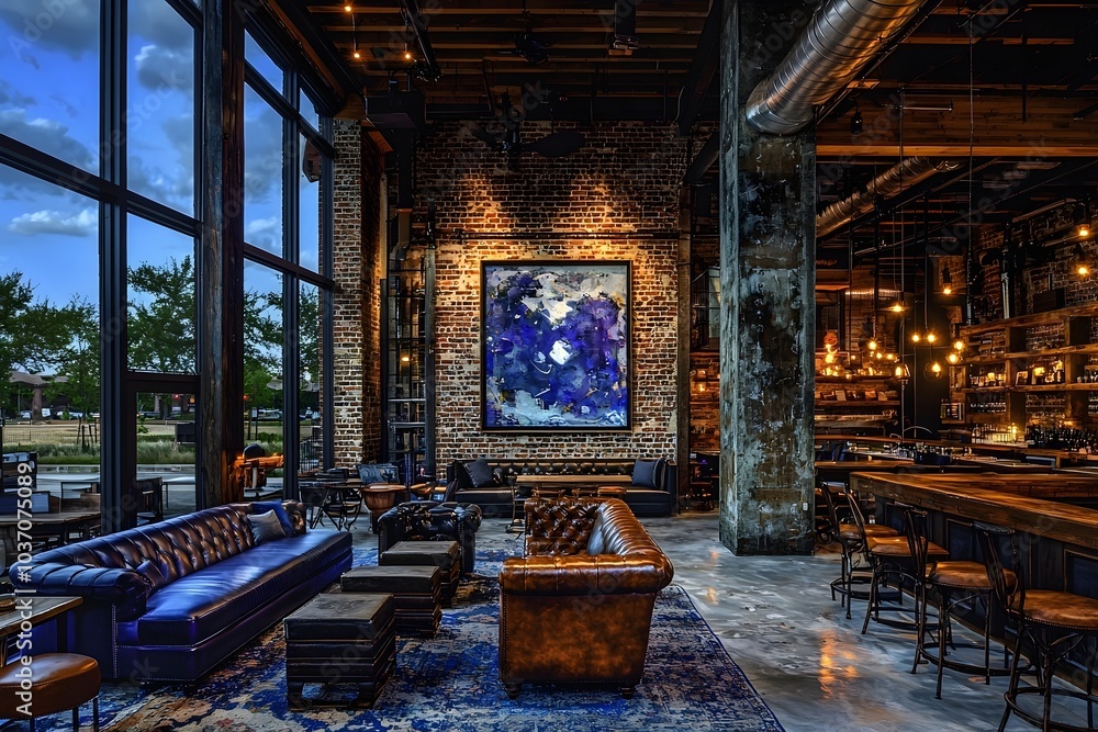 A stylish, modern lounge featuring a large, colorful abstract painting, leather sofas, and ambient lighting that create a cozy and inviting atmosphere. A stylish, modern lounge featuring a large, colorful abstract painting, leather sofas, and ambient lighting that create a cozy and inviting atmosphere.