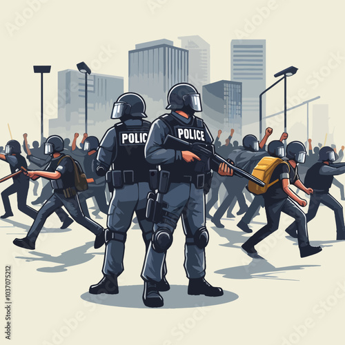 A group of police officers are standing in front of a crowd