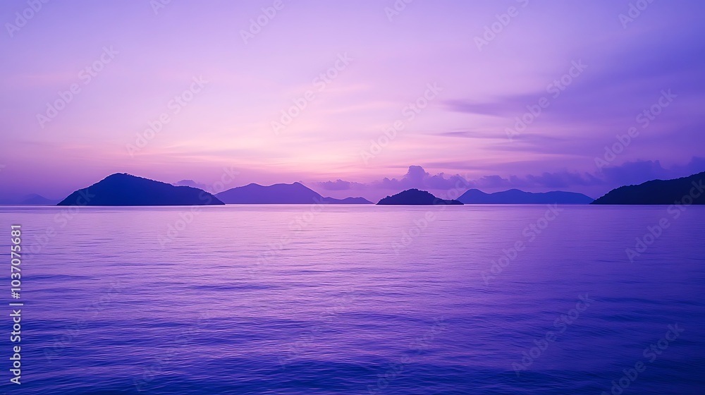 A tranquil ocean with islands floating in the air beneath a violet sky A tranquil ocean with islands floating in the air beneath a violet sky