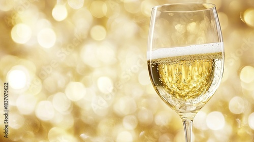 Bubbly Champagne in a Glass with Golden Background