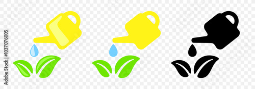 Watering can pours water on leaves, graphic design. Plant, agriculture, garden, tools and irrigation, vector design and illustration