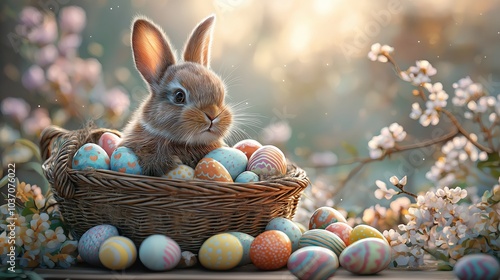 Cute Easter bunny with basket of colorful easter eggs  photo