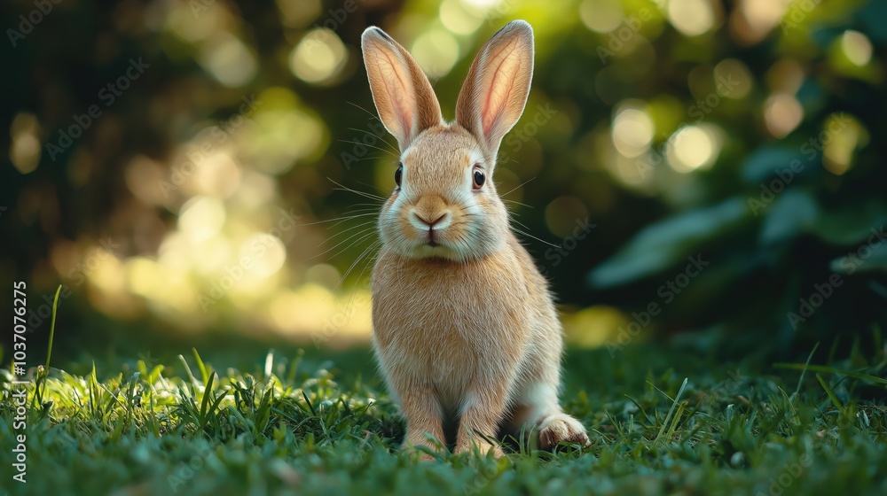 Fototapeta premium Cute rabbit on a blurred greenery background, bunny