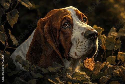 Determined Basset Hound Amidst French Vineyard Splendor photo