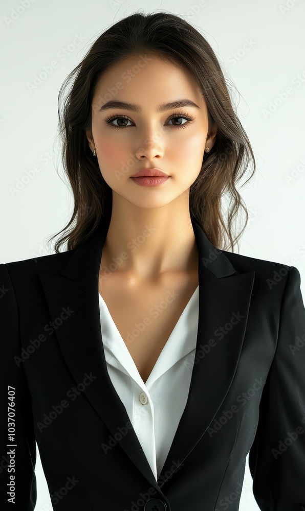 Woman with long hair in black suit. Woman with long hair in black suit.