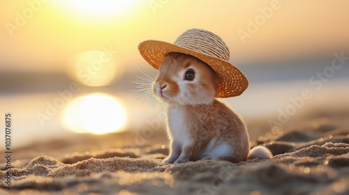 Cute bunny wearing a straw hat on a beach background photo