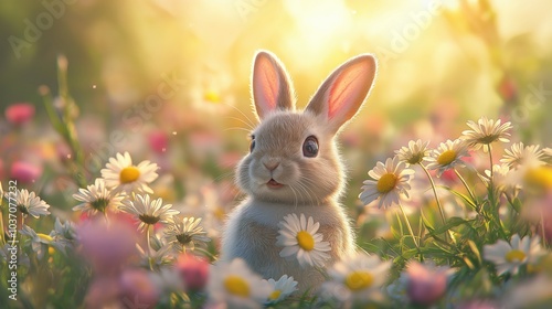 Cute bunny with spring flowers, rabbit photo