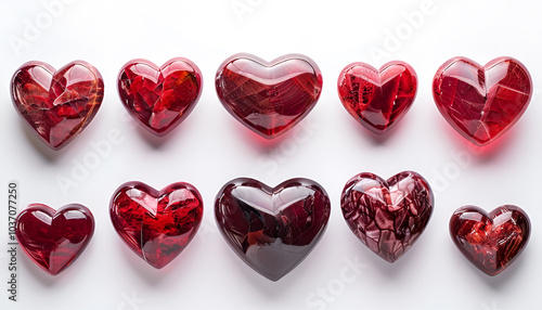 Set of different red hearts on white background