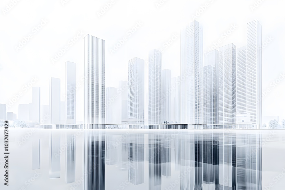 Fototapeta premium A Cityscape of Modern Glass Skyscrapers Reflecting in Water