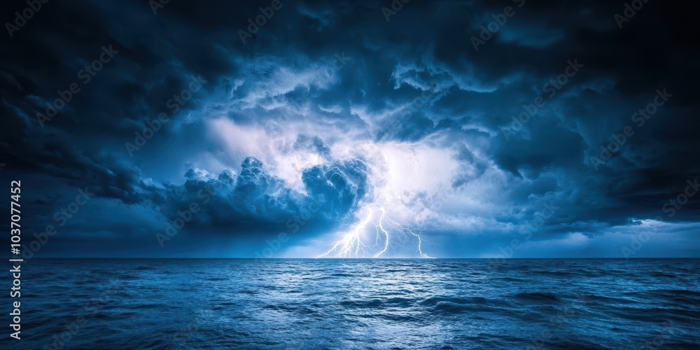 Fototapeta premium Dramatic stormy sky over the ocean with lightning illuminating the clouds.