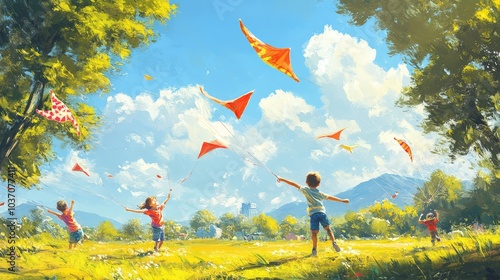 Joyful Days: Children Playing and Flying Kites Under a Bright Blue Sky in a Lush Green Field Surrounded by Mountains and Soft, Fluffy Clouds