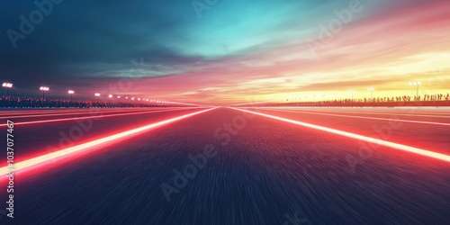 Dynamic view of a road with glowing lines at sunset, creating a sense of motion.