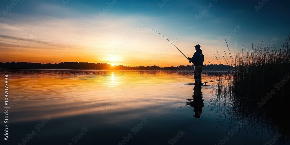 Fisherman casting line at sunset by serene lake with colorful sky. Fisherman casting line at sunset by serene lake with colorful sky.