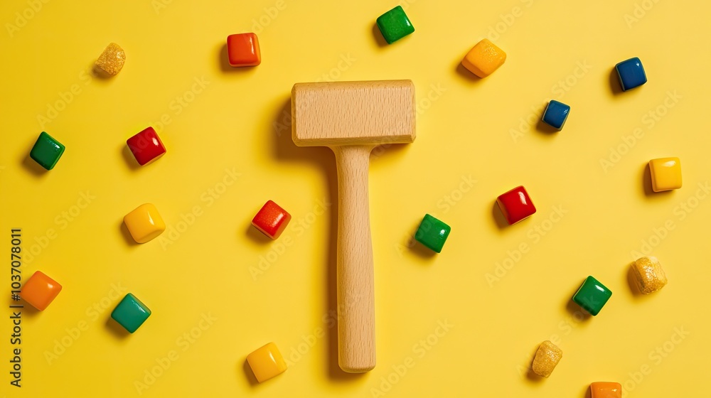 Colorful Toy Hammer and Blocks on Yellow Background Colorful Toy Hammer and Blocks on Yellow Background
