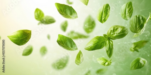 Fresh green basil leaves floating against a soft green background.