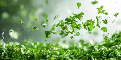 Fresh green leaves scattered with a soft blurred background.