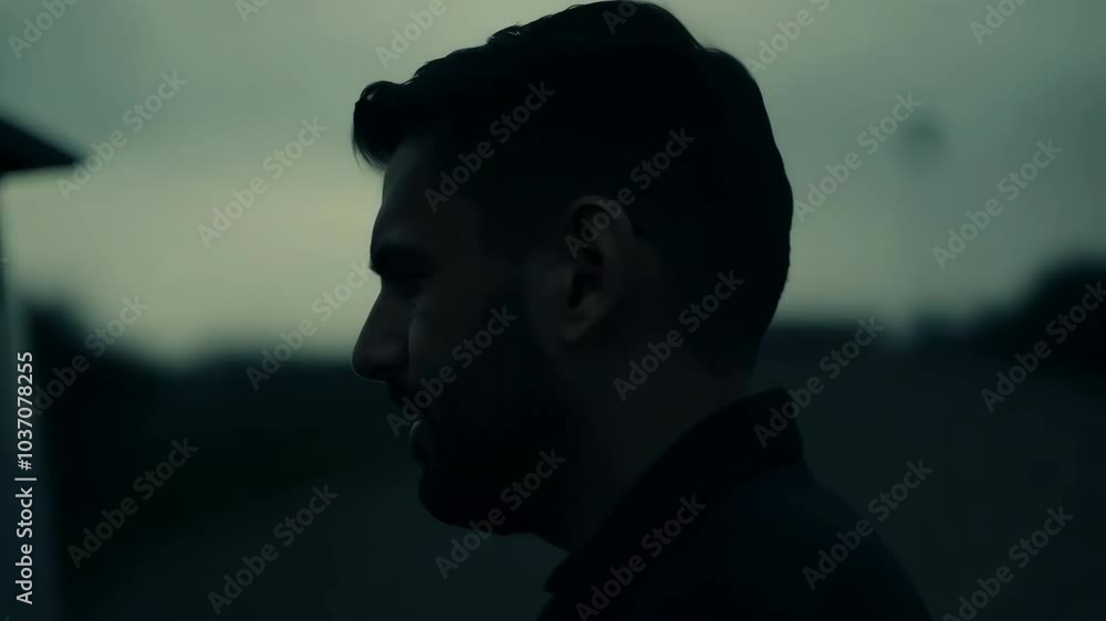 Silhouette profile of man against moody sky at dusk Silhouette profile of man against moody sky at dusk