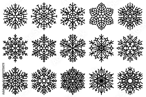 Line art snowflakes decorative design elements. Abstract symmetric snow flake patterns set.