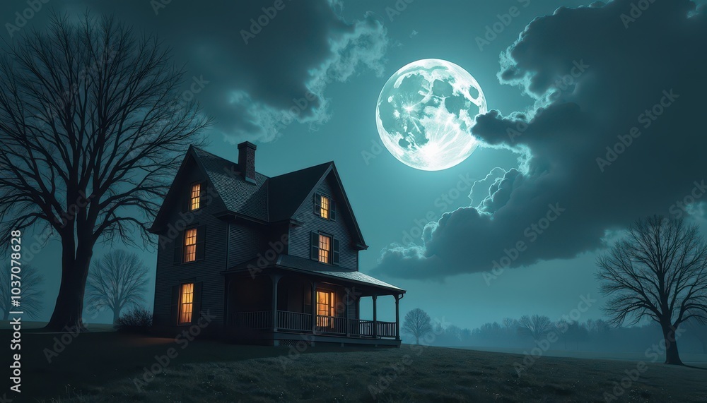 Haunted House with a Full Moon Rising Above and Ominous Clouds Moving Quickly Across the Sky. Haunted House with a Full Moon Rising Above and Ominous Clouds Moving Quickly Across the Sky.