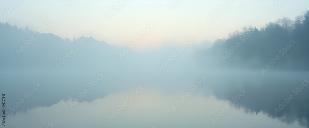 Fototapeta premium Foggy lake with trees in the distance at dawn