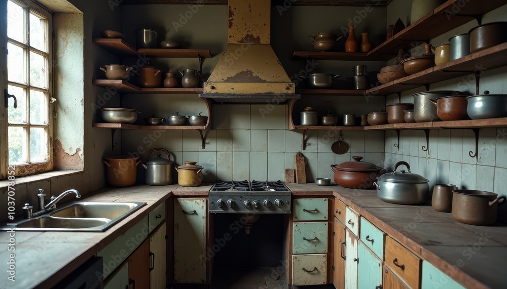 Empty Haunted Kitchen with Rusting Pots, Dull Knives, and Dusty Shelves Filled With Forgotten Secrets. Empty Haunted Kitchen with Rusting Pots, Dull Knives, and Dusty Shelves Filled With Forgotten Secrets.