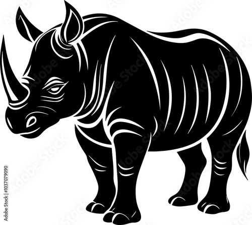 Silhouette vector illustration of a rhinoceros in a stylized black and white design, ideal for logos, wildlife art, and graphic design