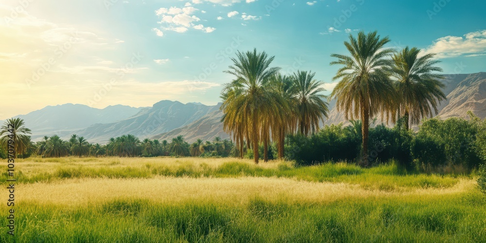 Lush green field with palm trees under a bright sky, serene and picturesque view. Lush green field with palm trees under a bright sky, serene and picturesque view.