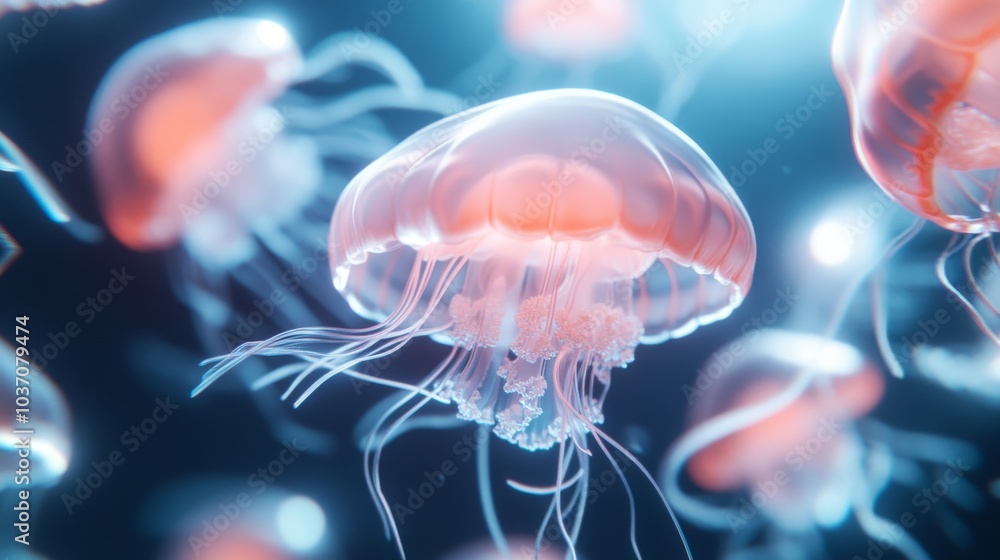 Surreal Film Still of a Swarm of Glowing Neon Jellyfish in a Dark Fantasy Landscape Surreal Film Still of a Swarm of Glowing Neon Jellyfish in a Dark Fantasy Landscape