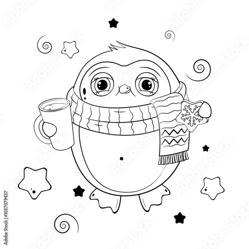 Outline illustration with winter penguin. Christmas coloring page
