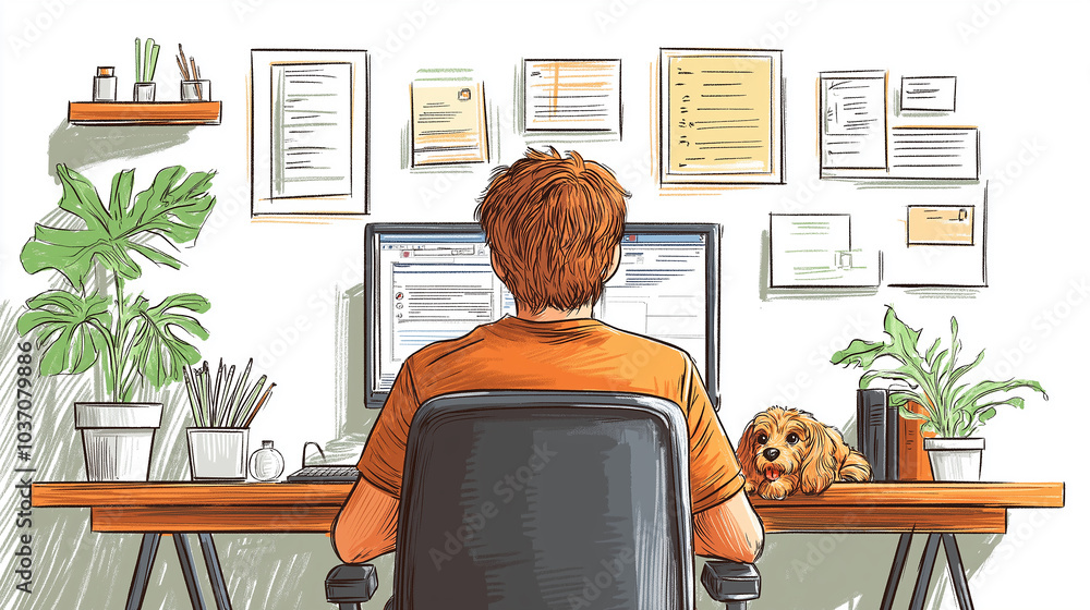 Cute line drawing of cartoon a Man working at desk with computer and dog in home office environment ,isolate on white background. Cute line drawing of cartoon a Man working at desk with computer and dog in home office environment ,isolate on white background.
