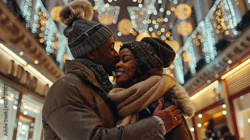 Wallpaper Mural A loving couple shares a warm embrace and smiles at each other in a beautifully decorated market filled with colorful holiday lights, capturing the joy of winter. Torontodigital.ca