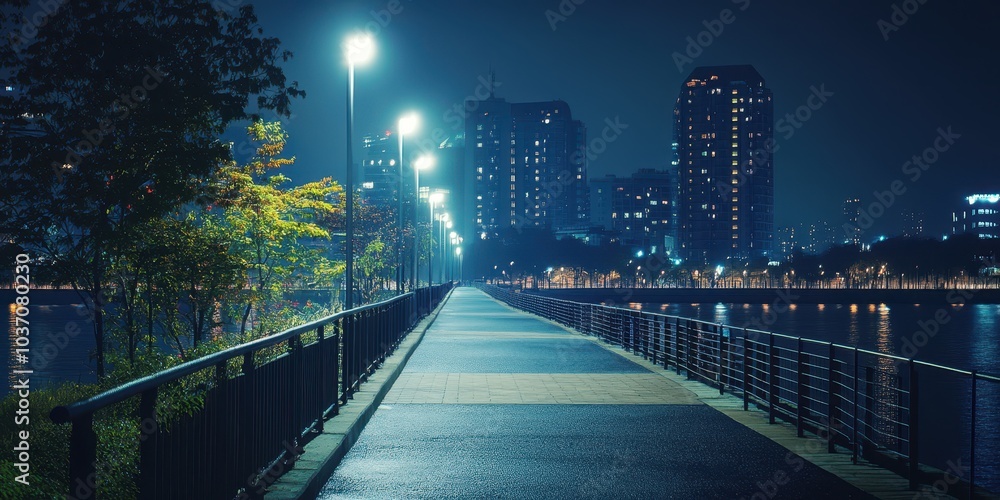 Fototapeta premium Night view of a pathway with lights and buildings around a calm water body.