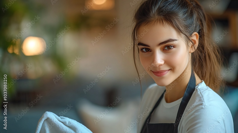 Maid in an apron cleaning a dusty living room with a rag focusing on ...