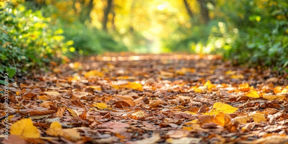 Scenic view of a trail covered in autumn leaves under a canopy of trees. Scenic view of a trail covered in autumn leaves under a canopy of trees.