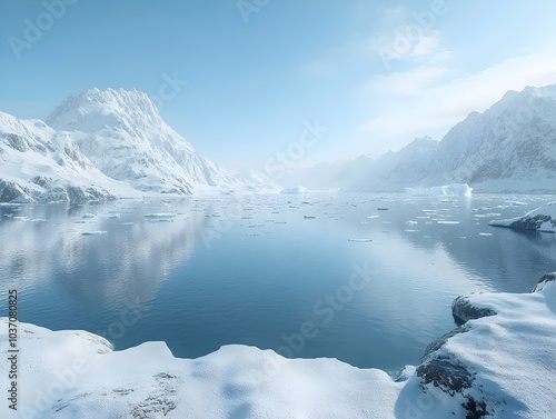 Wallpaper Mural A serene winter landscape featuring a tranquil icy blue lake surrounded by majestic snow-covered mountains under a clear sky. Torontodigital.ca