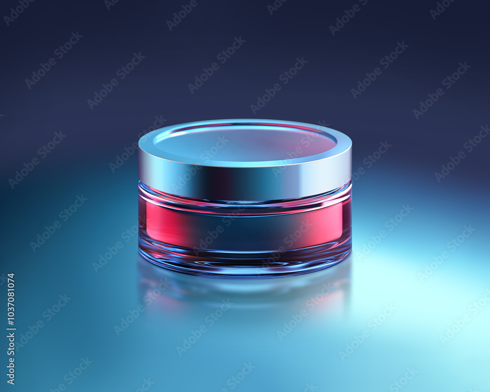 Flat cosmetic jar with metal lid. Mockup for night cream or men's skincare. Horizontal commercial photo in blue and red colors Flat cosmetic jar with metal lid. Mockup for night cream or men's skincare. Horizontal commercial photo in blue and red colors