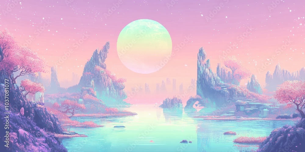 Serene fantasy landscape with mountains and a glowing moon over a tranquil lake. Serene fantasy landscape with mountains and a glowing moon over a tranquil lake.