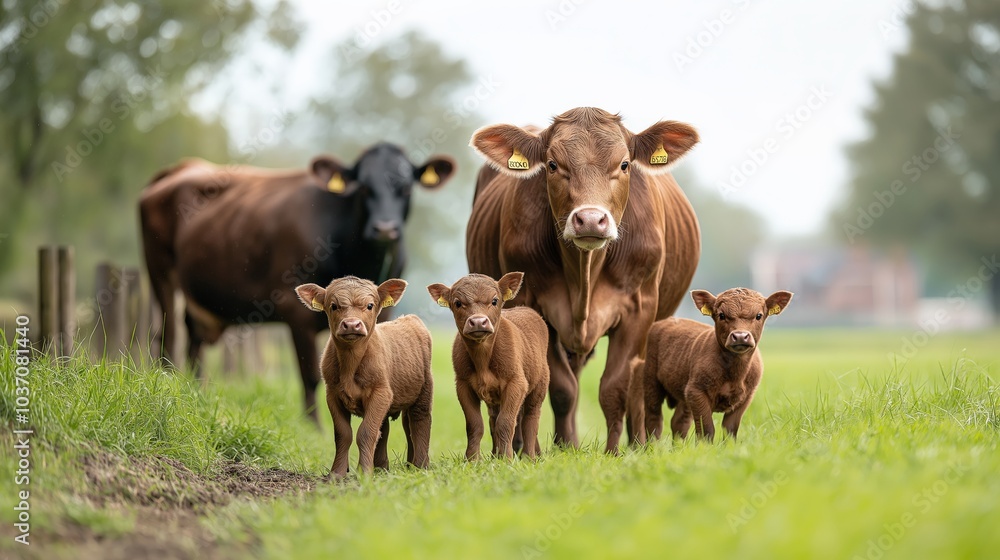 Brown cows with calves with grass in the background Brown cows with calves with grass in the background
