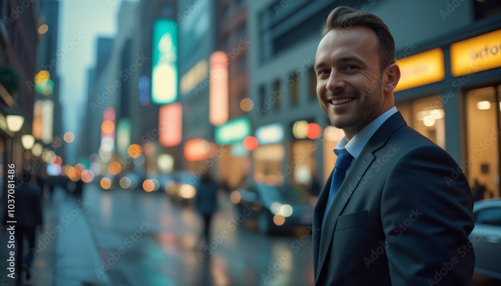 A smiling businessman stands confidently in a bustling city street, with lights and tall buildings in the background, exuding urban success. A smiling businessman stands confidently in a bustling city street, with lights and tall buildings in the background, exuding urban success.