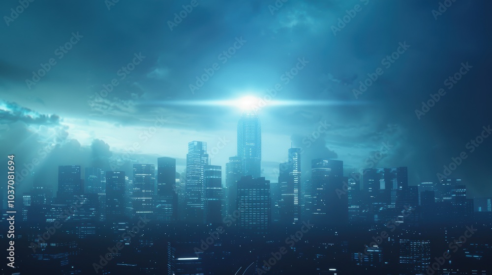 Illuminated Beacon Symbolizing Corporate Success in a Detailed Urban Cityscape Illuminated Beacon Symbolizing Corporate Success in a Detailed Urban Cityscape