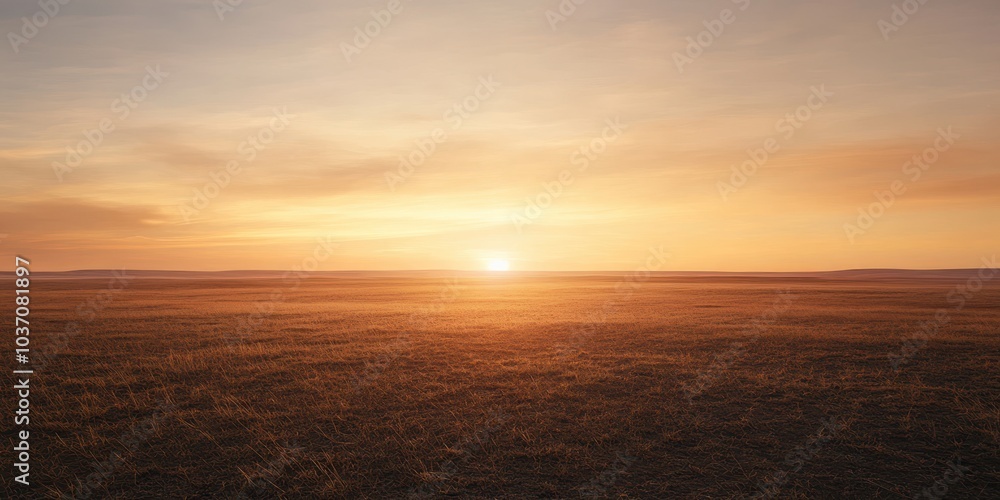 Naklejka premium Stunning sunset over a vast open field, creating a serene and peaceful atmosphere.