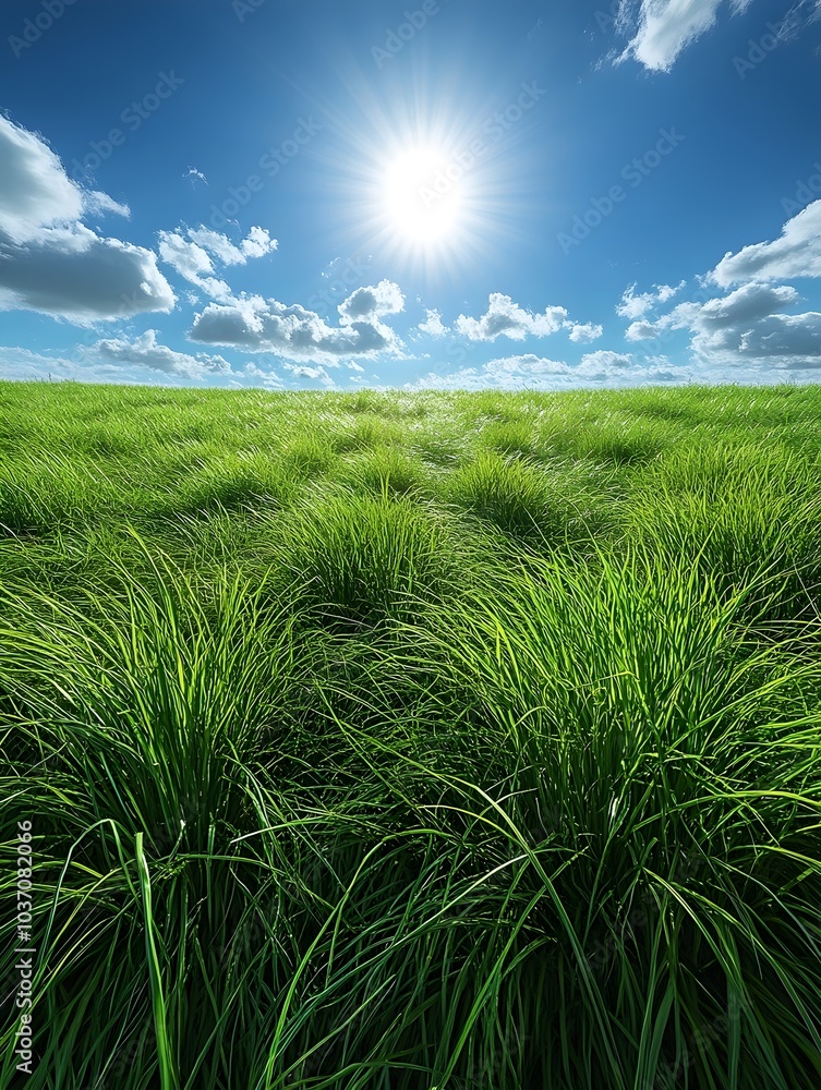 Vibrant green grass sways under the bright sun, set against a clear blue sky with fluffy clouds, capturing the essence of a serene summer day. Vibrant green grass sways under the bright sun, set against a clear blue sky with fluffy clouds, capturing the essence of a serene summer day.