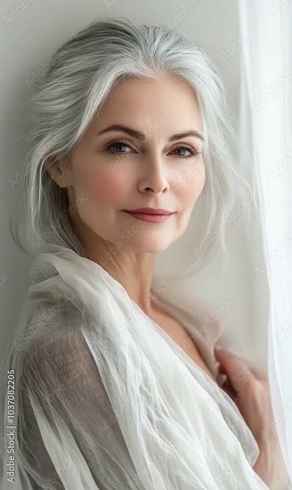 Woman with gray hair wearing white shawl. Woman with gray hair wearing white shawl.